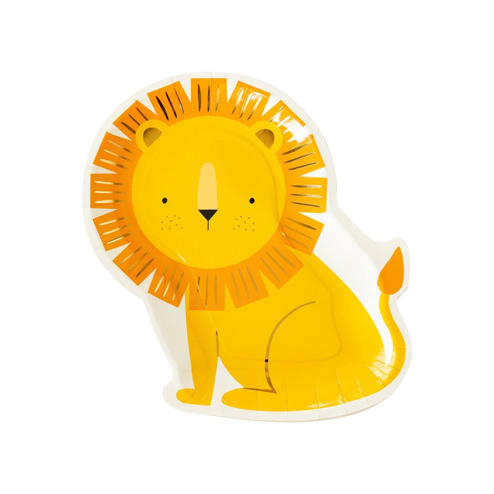 A pack of whimsical lion-shaped paper plates with shining gold foil accents, designed to elevate your child's safari or Lion King-themed celebration.