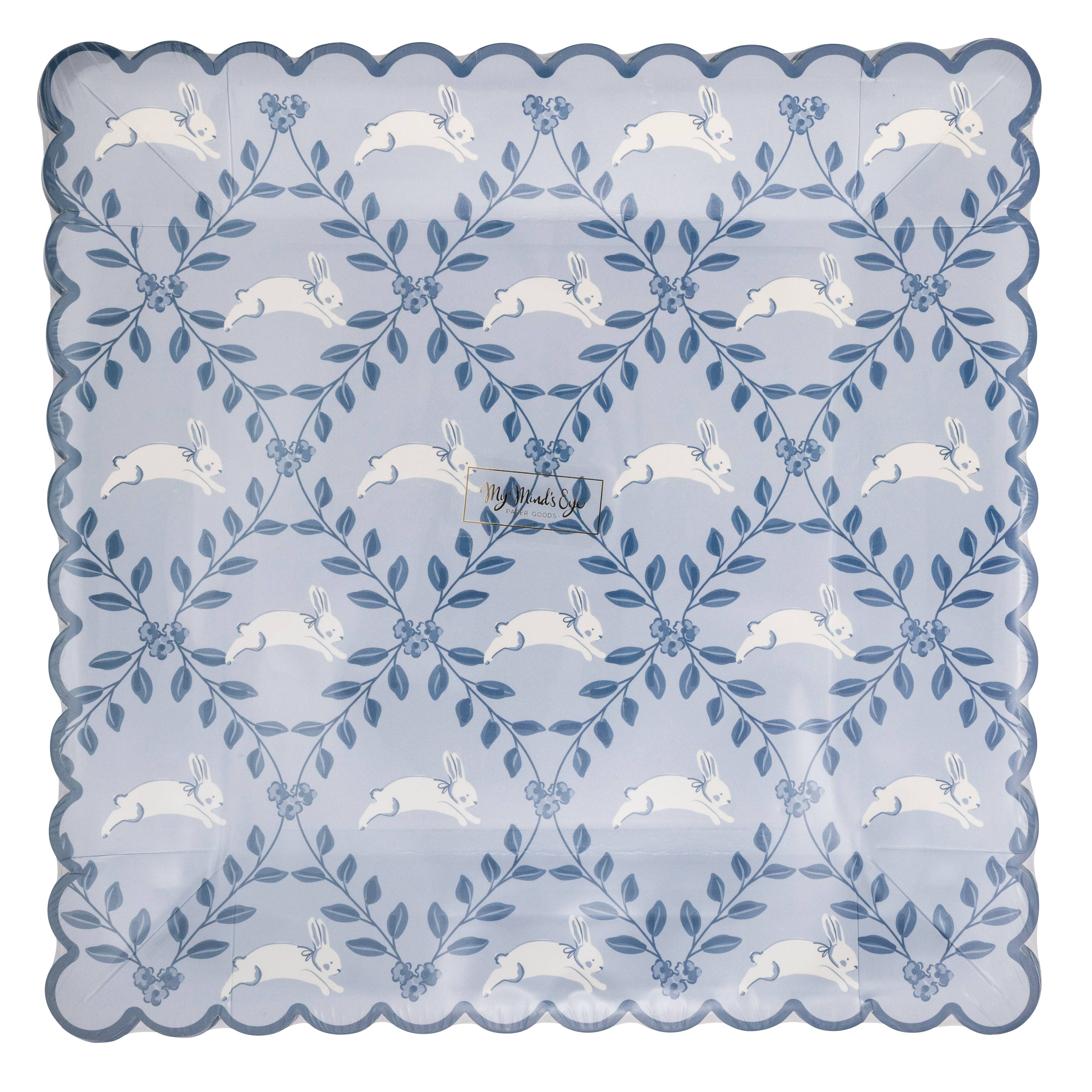 Packaged set of blue diamond bunny pattern Easter paper plates