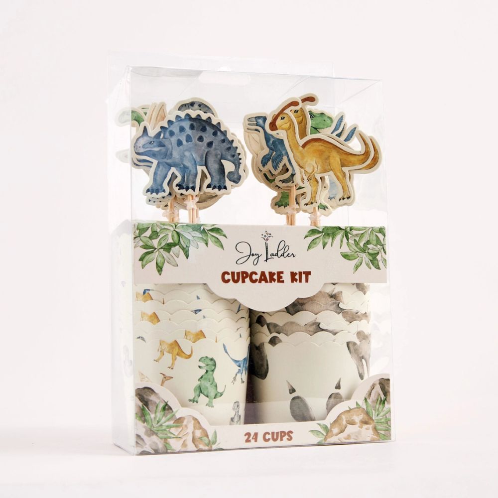 Packaged dinosaur cupcake kit with toppers and liners
