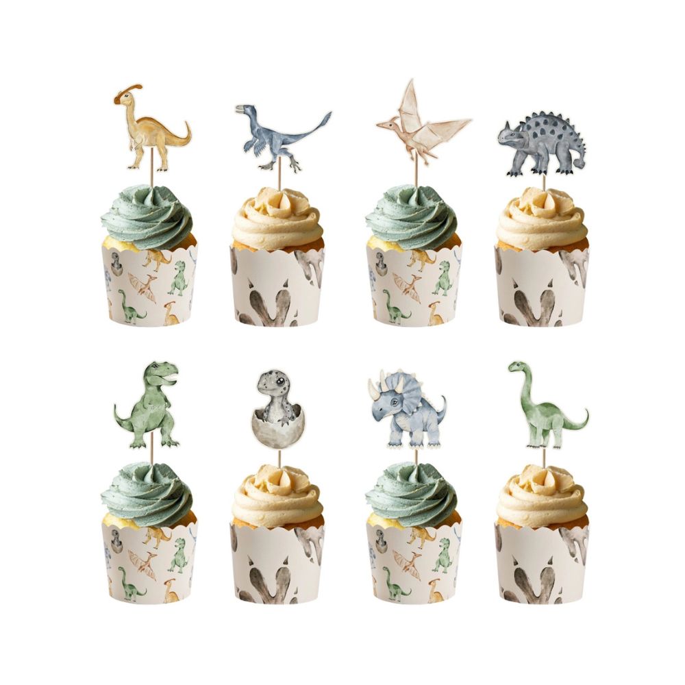 Assorted dinosaur cupcake toppers displayed on cupcakes
