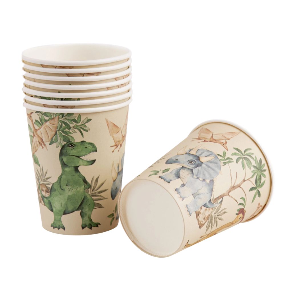 Stack of dinosaur paper cups with one cup tilted sideways