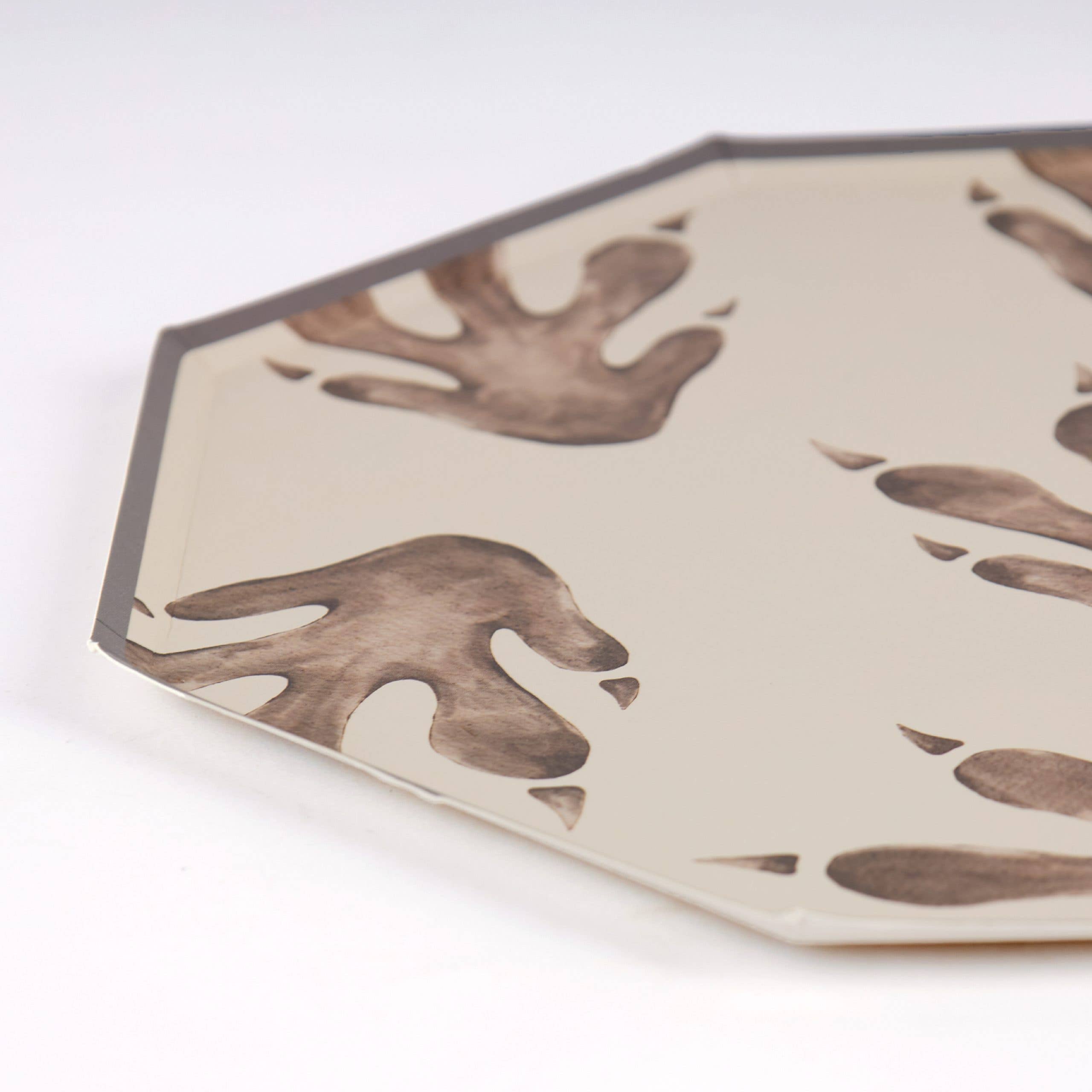 Close up of dinosaur footprint plate edge and print detail
