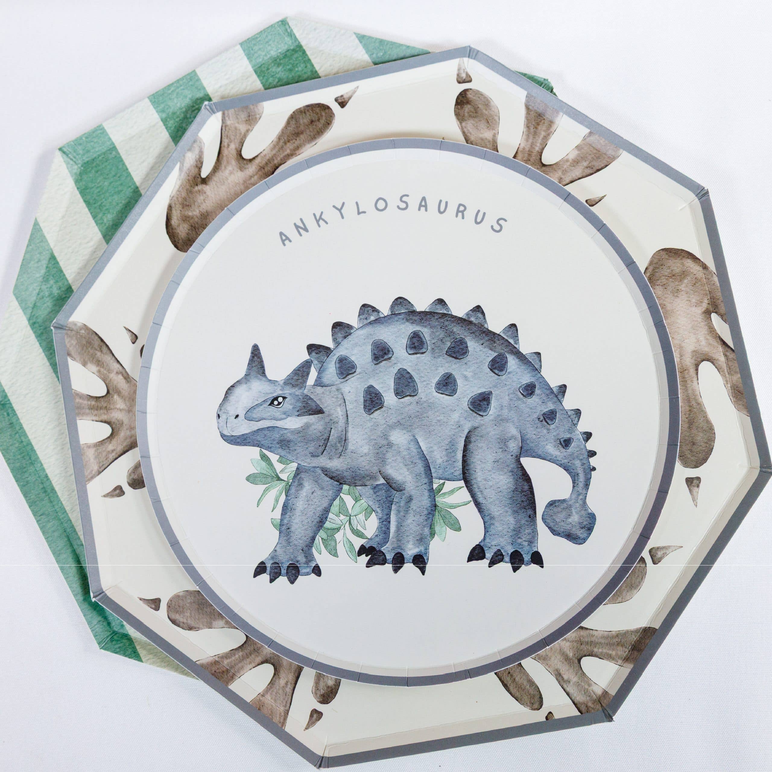 Dinosaur footprint plate layered with ankylosaurus plate and green plate