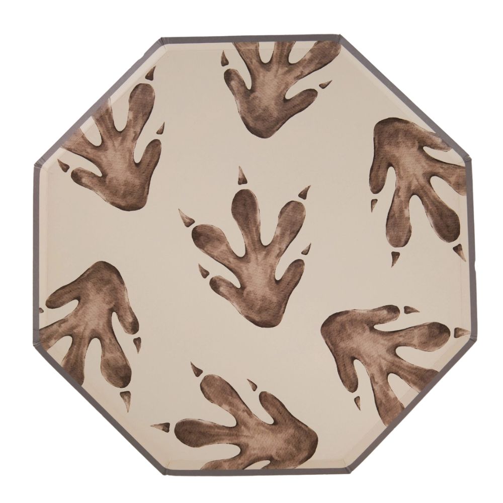 Octagonal dinosaur footprint paper plate with brown track design
