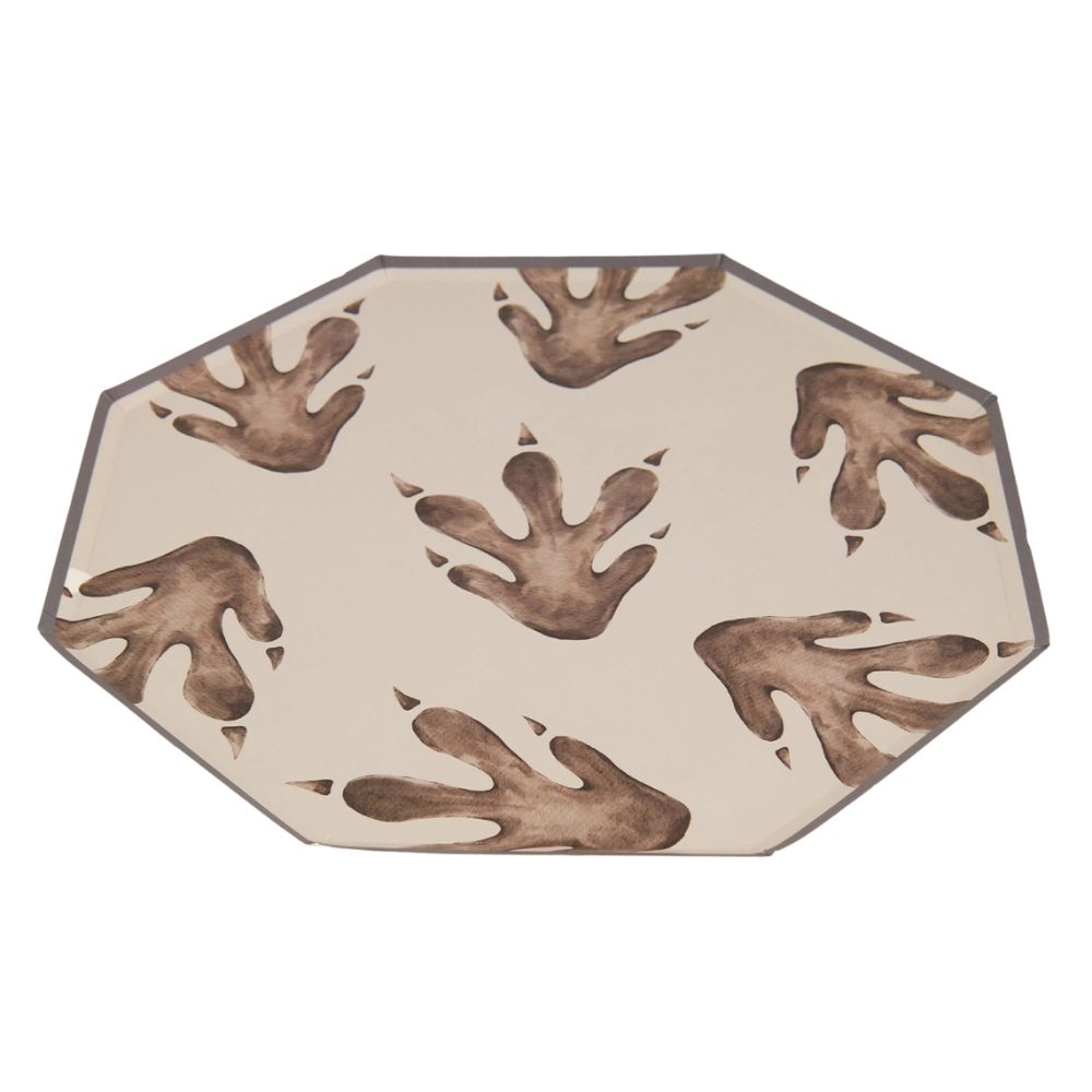 Single octagonal dinosaur footprint plate on white background
