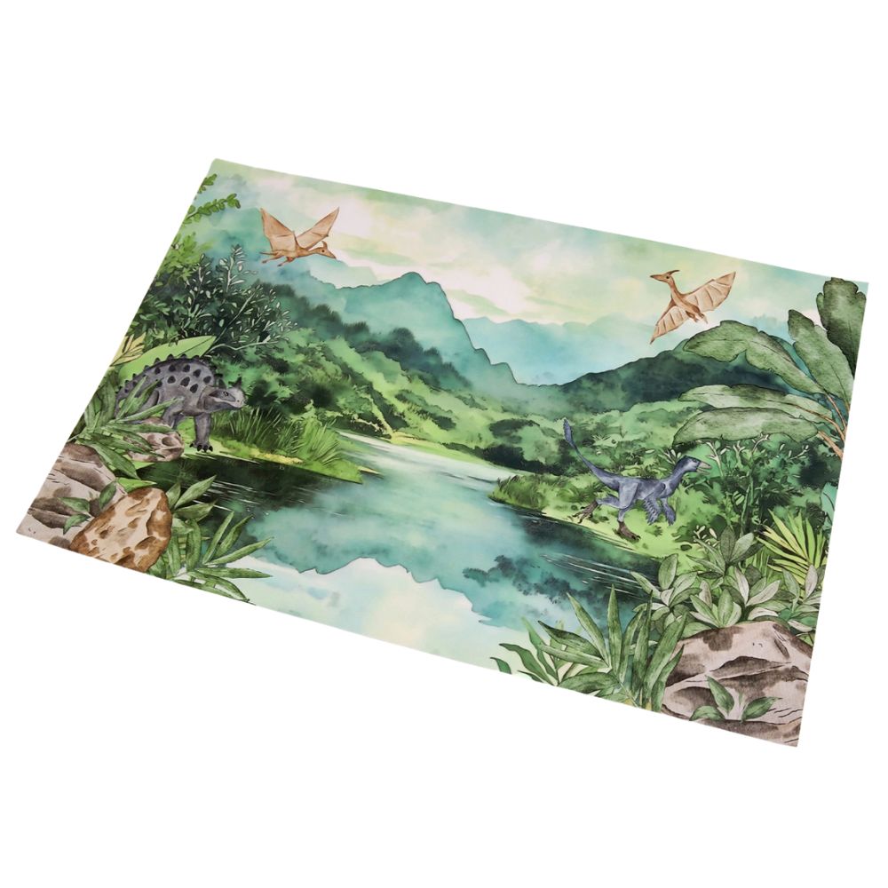 Dinosaur jungle placemat with river and prehistoric landscape illustration
