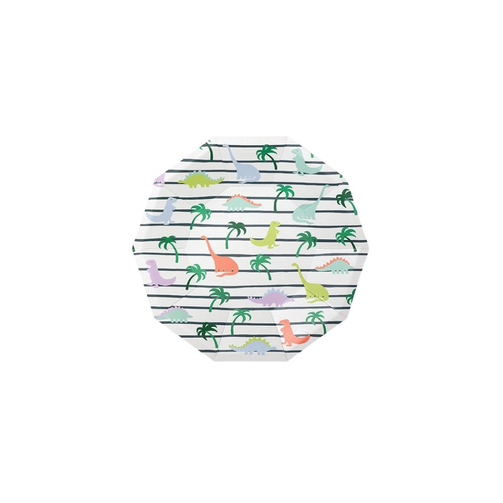 Dinosaur paper plate with colorful dino pattern on striped background.