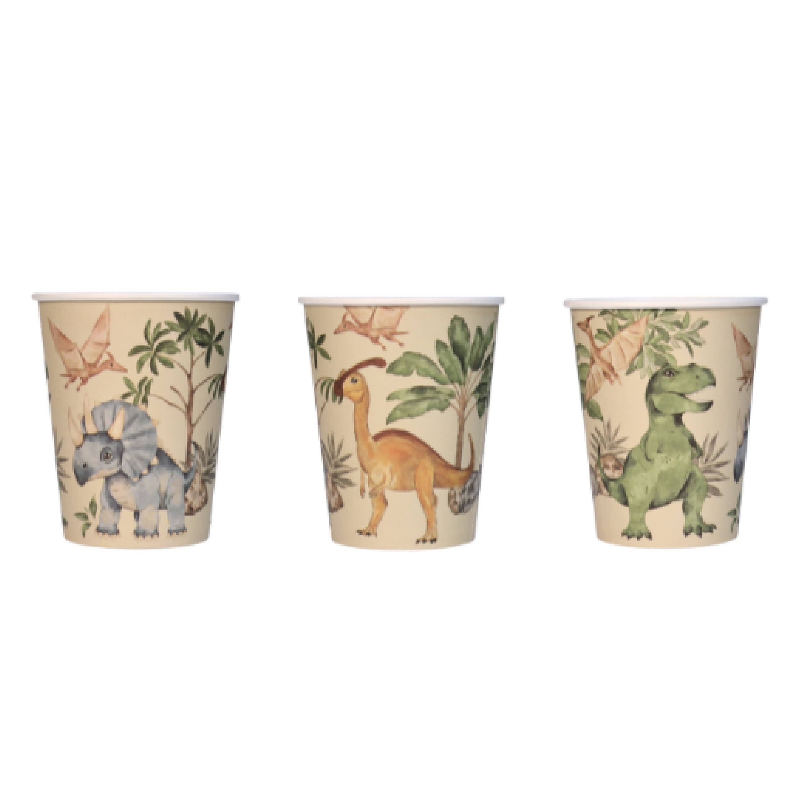 Set of dinosaur party cups stacked with different dinosaur designs
