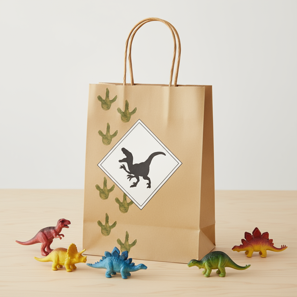 Kraft dinosaur favor bag with green footprints and raptor silhouette next to toy dinosaurs