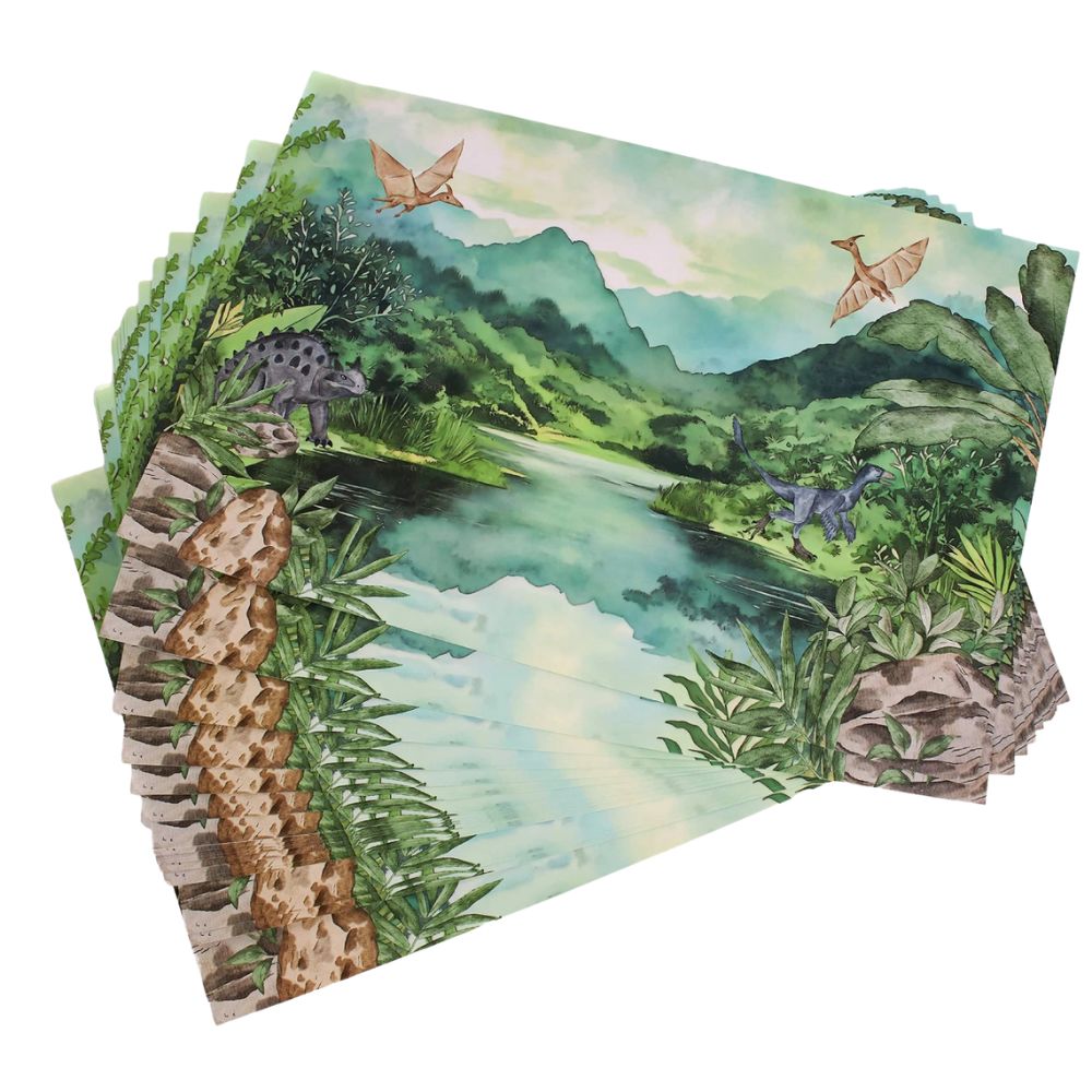 Stack of dinosaur placemats fanned out showing design
