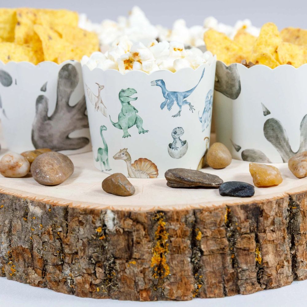 Dinosaur themed snack cups filled with popcorn on wood display
