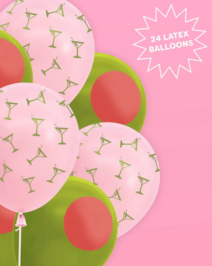 Close-up of pink martini print and green olive latex balloons clustered together on pink background with starburst callout reading 24 latex balloons