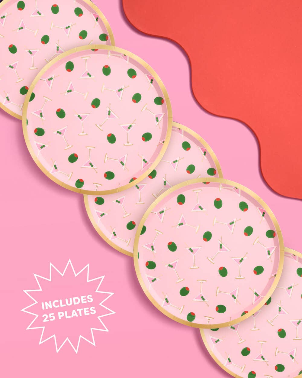 Diagonal row of pink martini print paper plates on pink and red background with starburst callout reading includes 25 plates