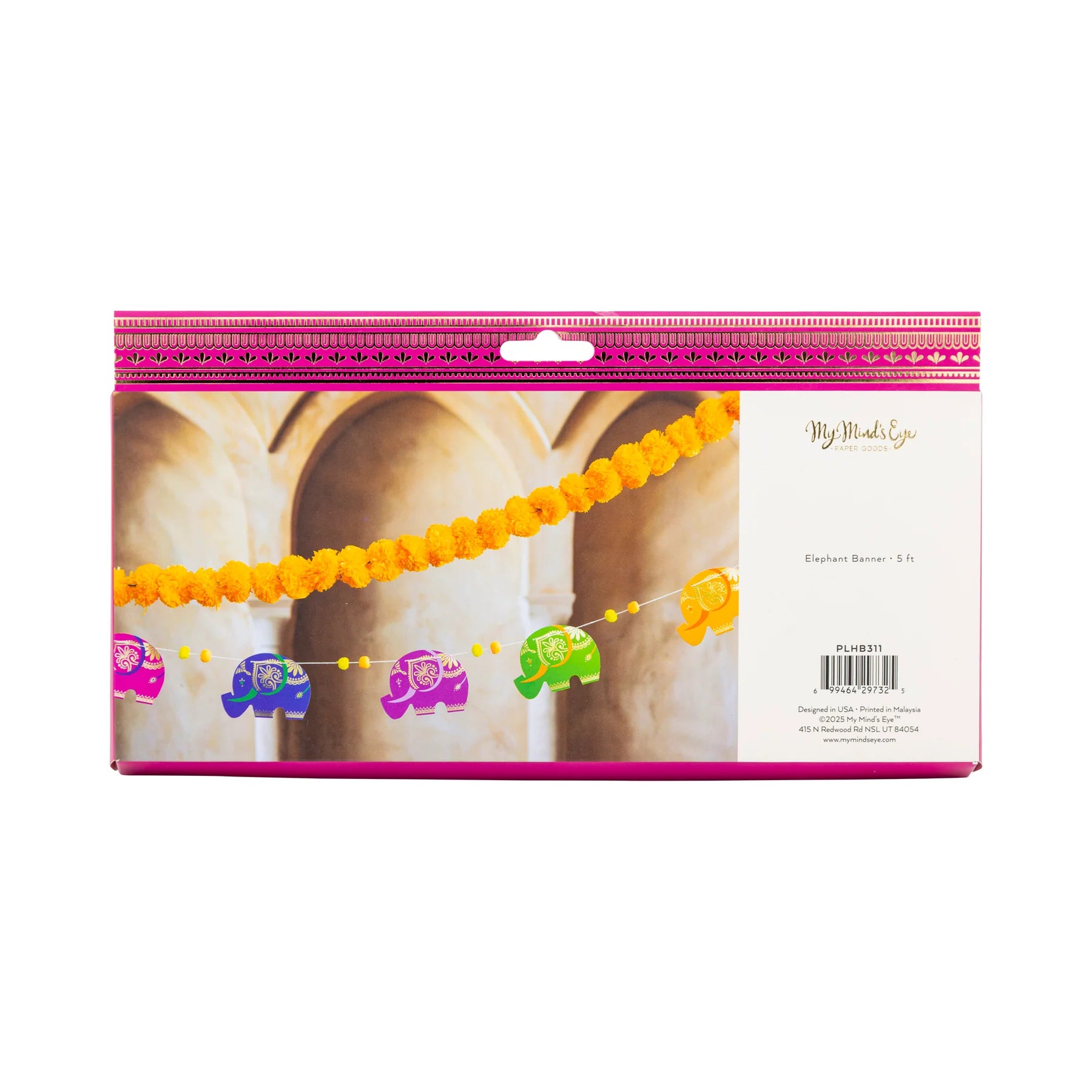 Packaged Diwali elephant banner with yellow pom-poms shown hanging for Diwali party decorations