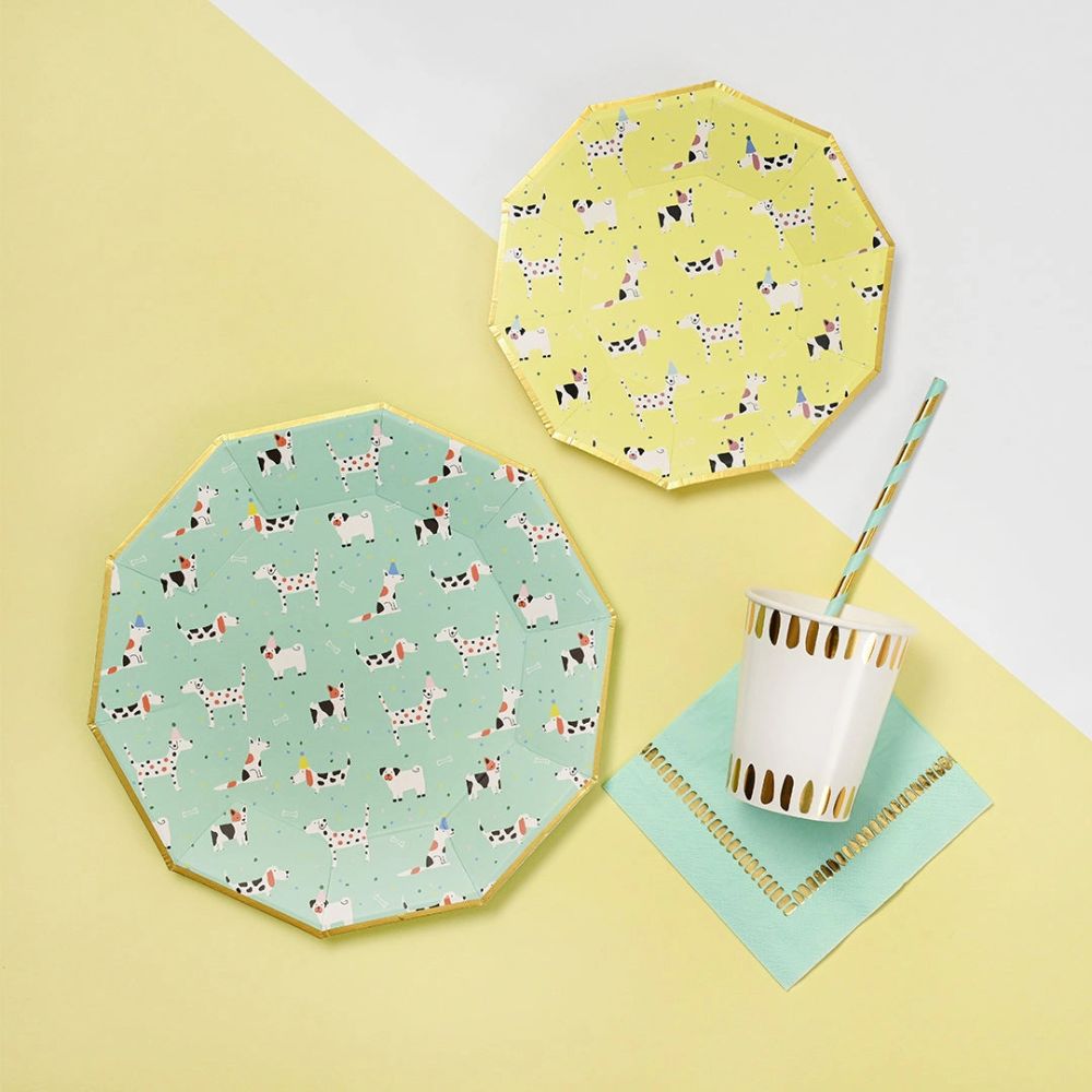 Dog themed party plates paired with matching cup and napkin