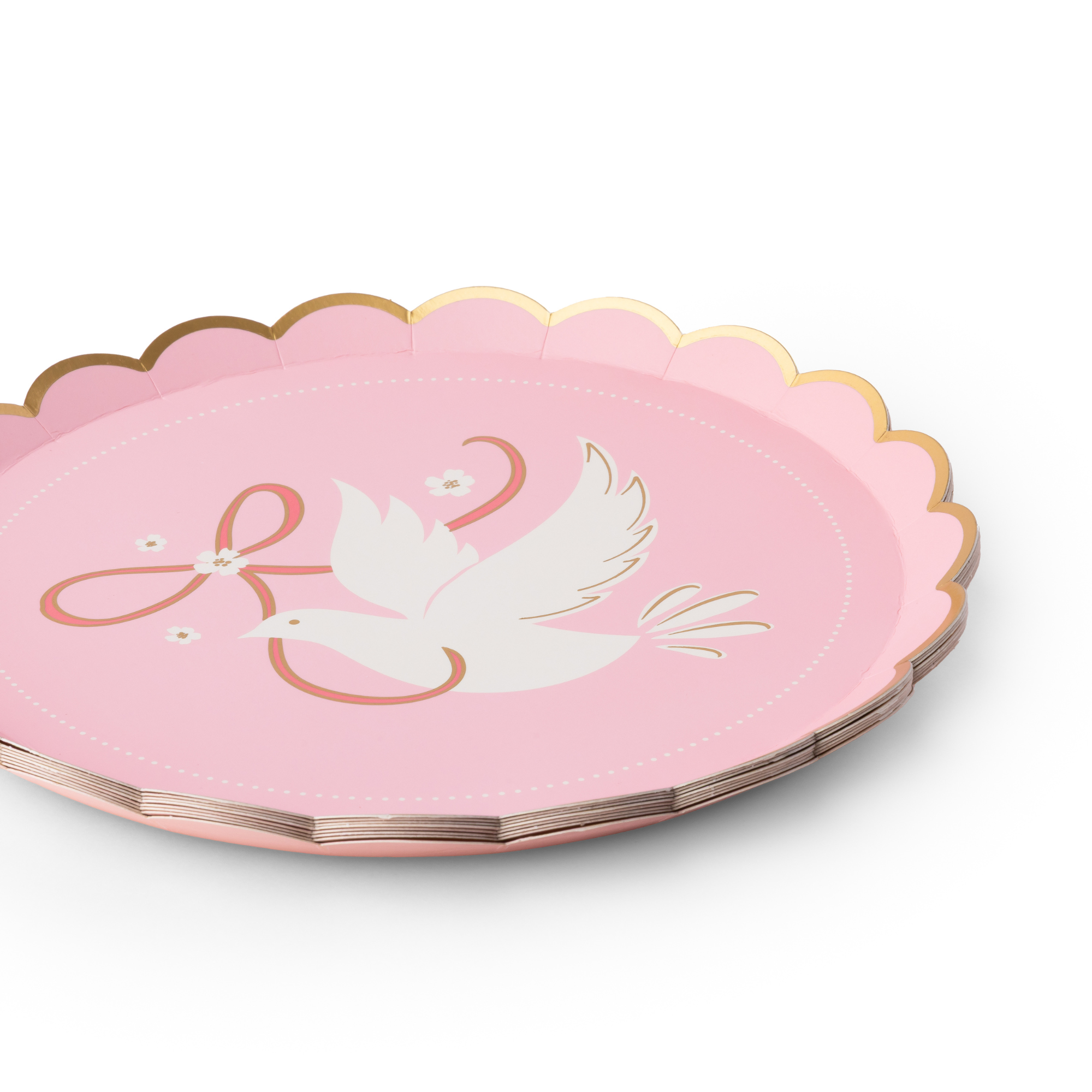 Stack of pink dove small plates with scalloped gold rim
