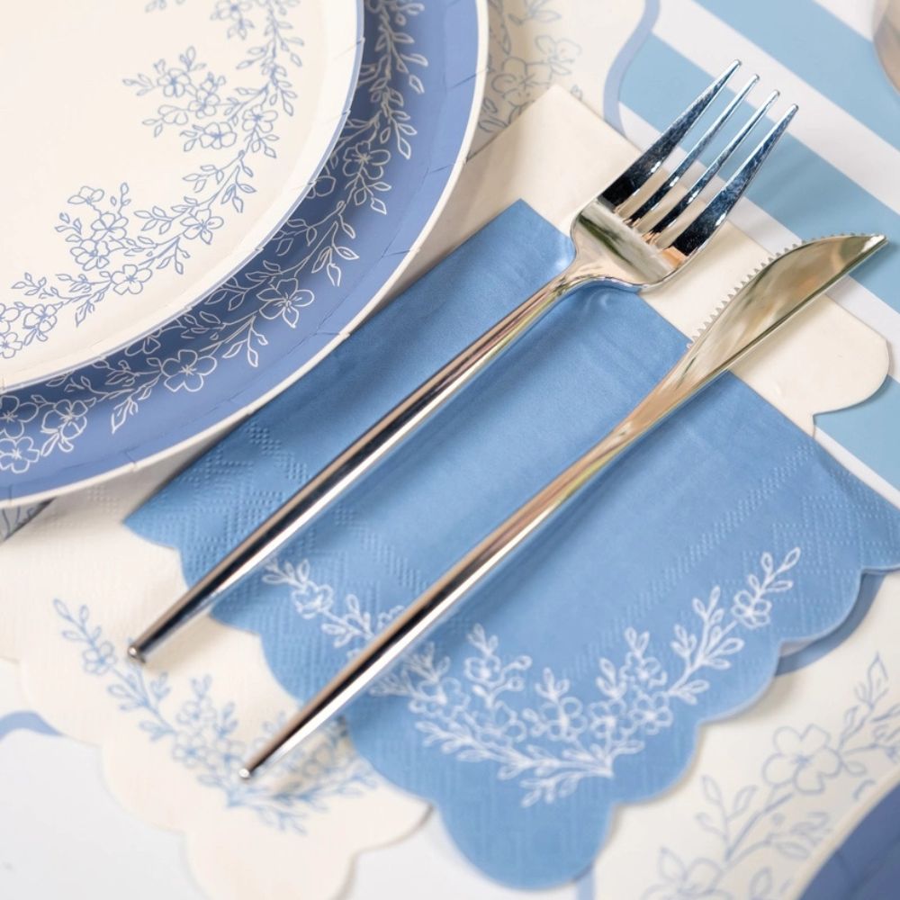 dusty blue party napkins with plates
