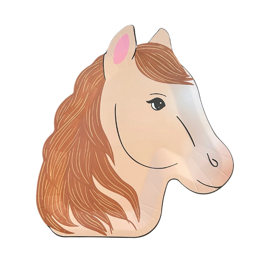 Isolated pony dinner plate showing full horse head silhouette with brown mane and friendly eye on white background.