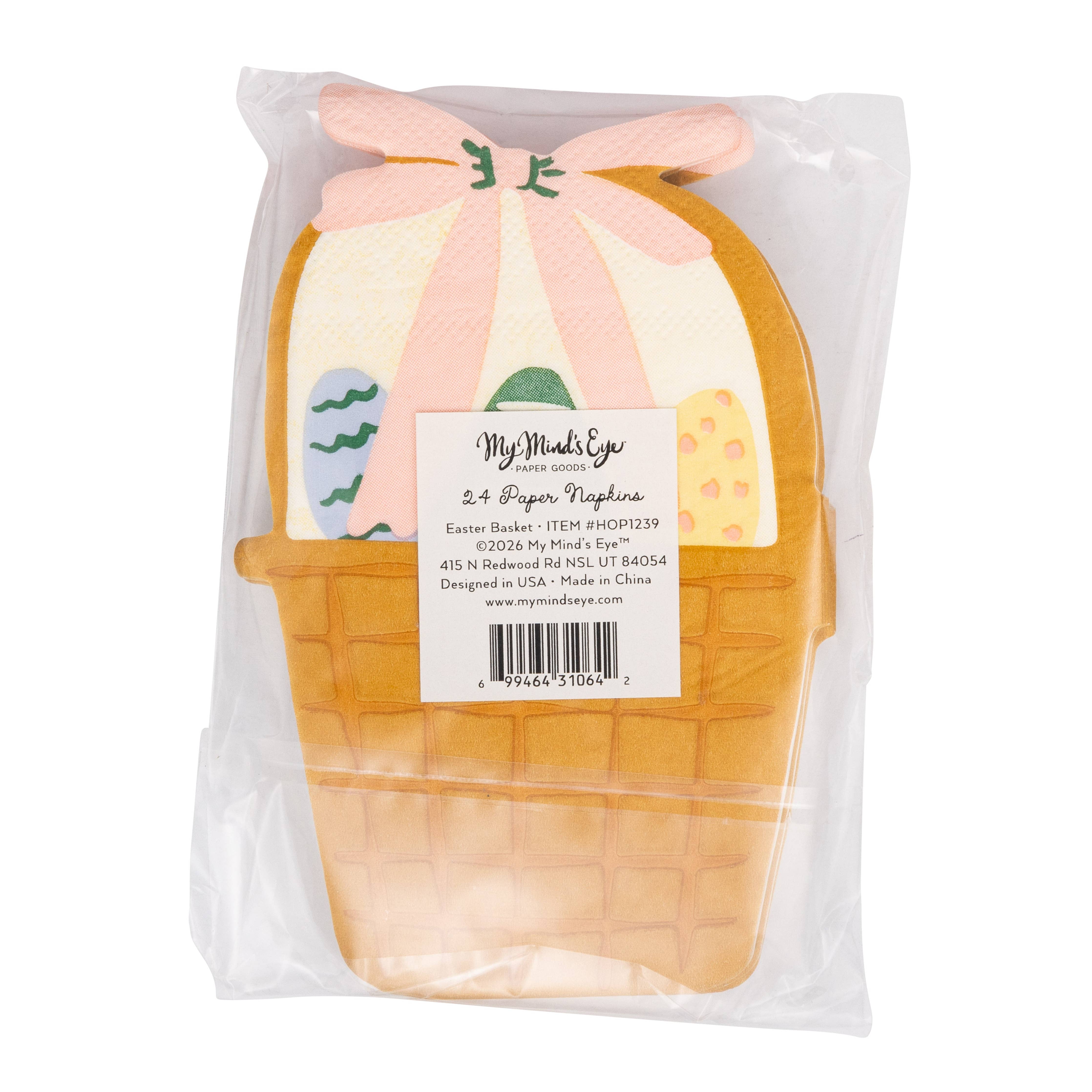 Back packaging of Easter basket napkins showing product details and quantity