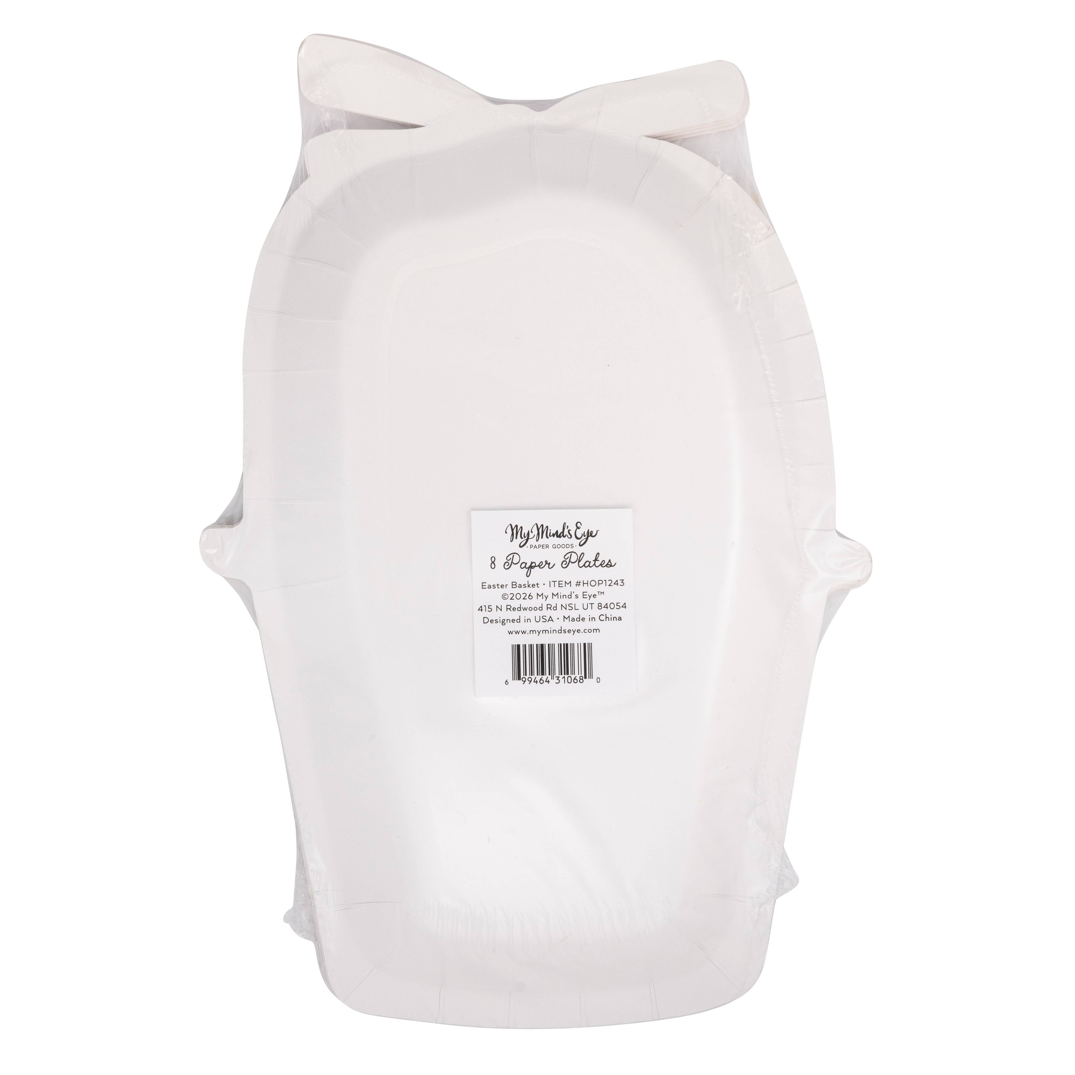 Back of packaged Easter basket shaped paper plates showing product label