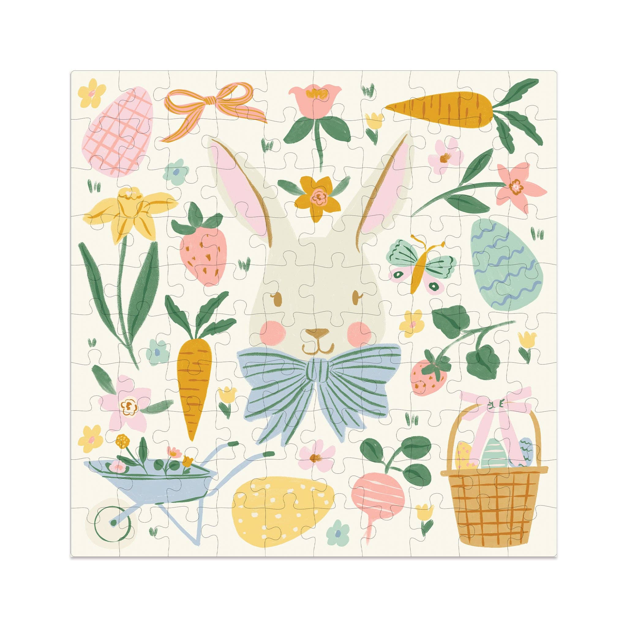 Completed Easter bunny 100-piece puzzle with spring illustrations and pastel colors