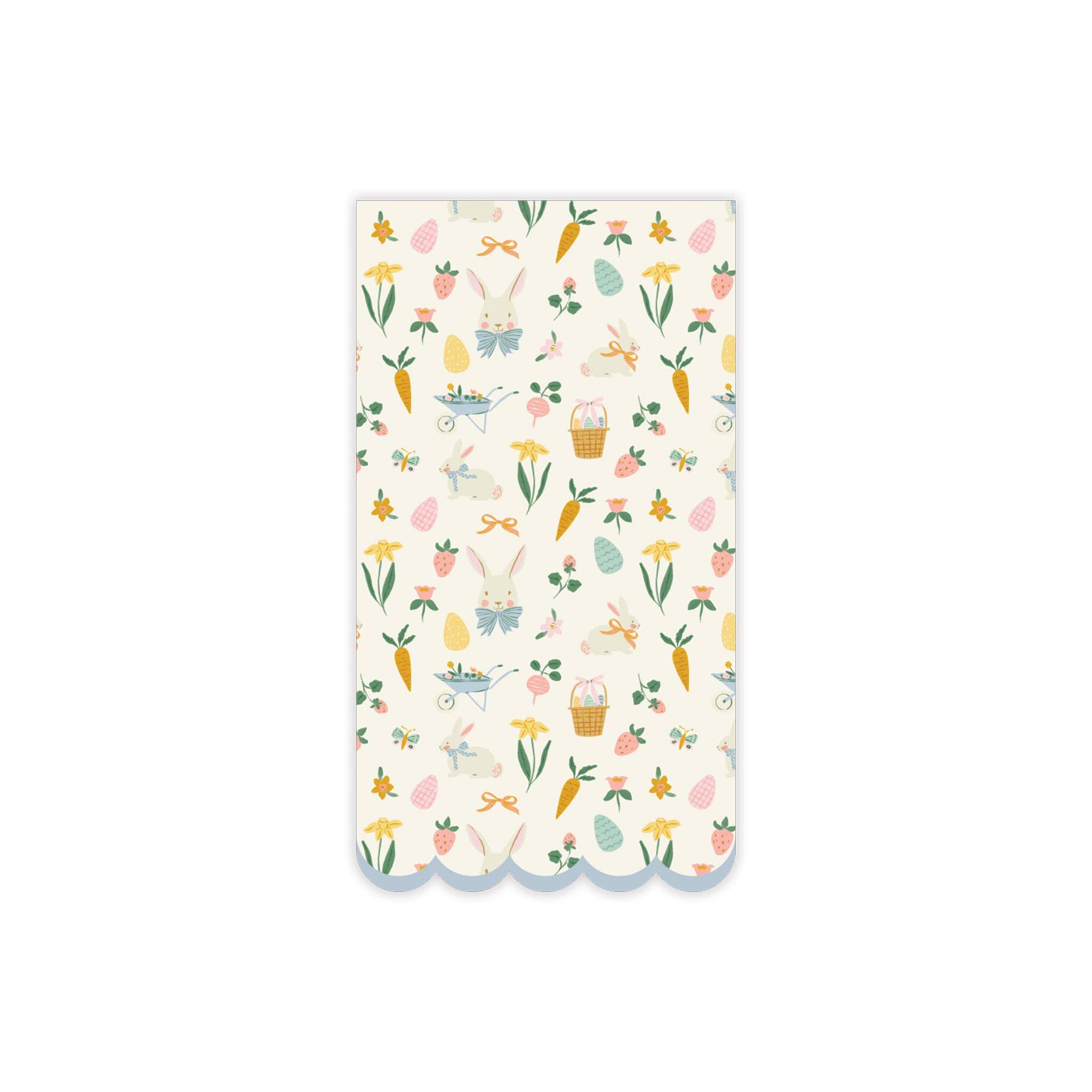 Easter pattern dinner napkin with pastel bunnies, florals, carrots, and scalloped edge