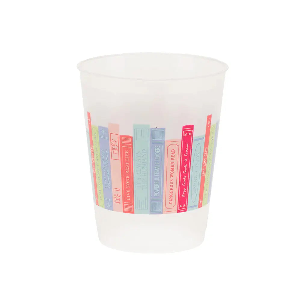 14-oz frosted flex cup featuring colorful book spines wraparound graphic on white backdrop.