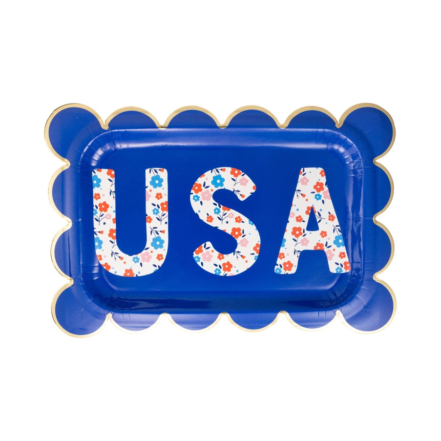 Single rectangular blue scalloped plate printed with floral-patterned "USA" and gold foil edges.