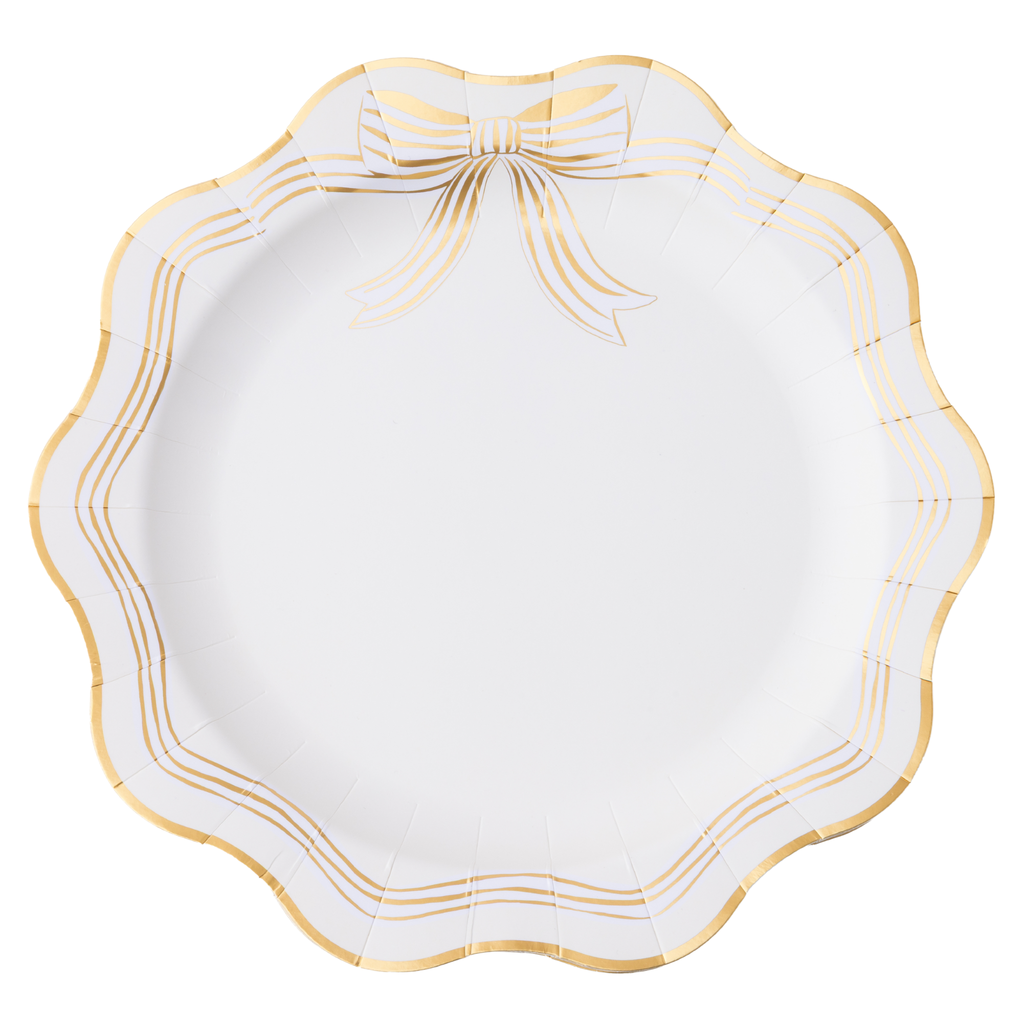 Elegant cream and gold bow dinner plate with scalloped edge