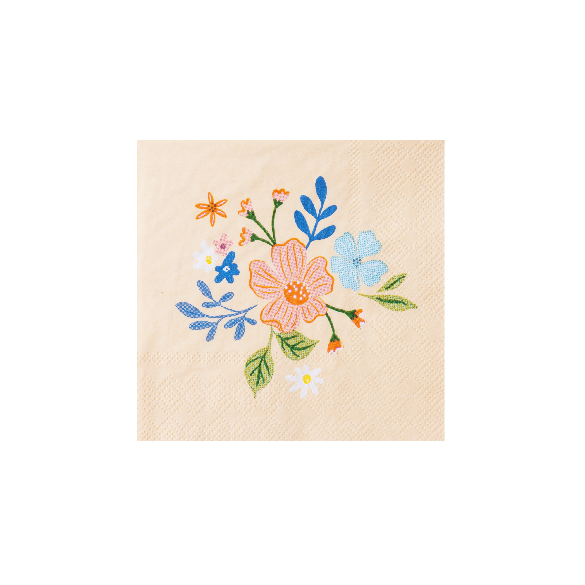Elegant floral cocktail napkin with pastel flower design on peach background.
