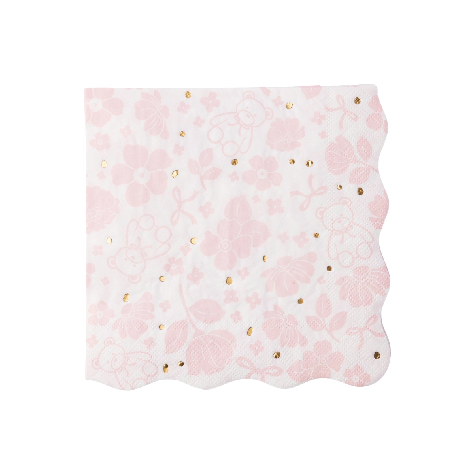 Close‑up of a single scalloped Emma Bear lunch napkin, highlighting the pink floral pattern, tiny teddy bears and metallic gold foil dots on white paper.