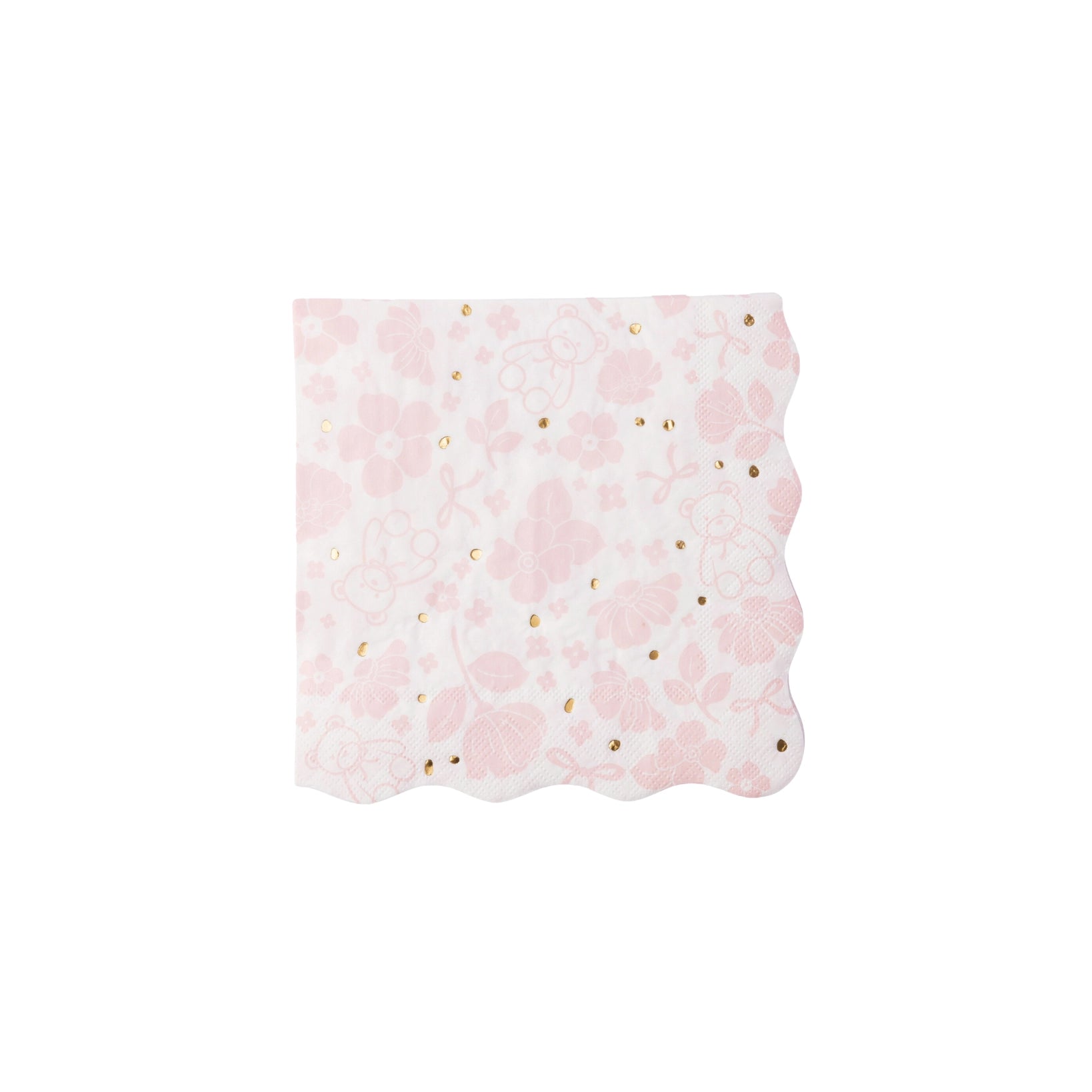 Close‑up front view of blush napkin with pale pink flowers, teddy bears and gold foil dots.