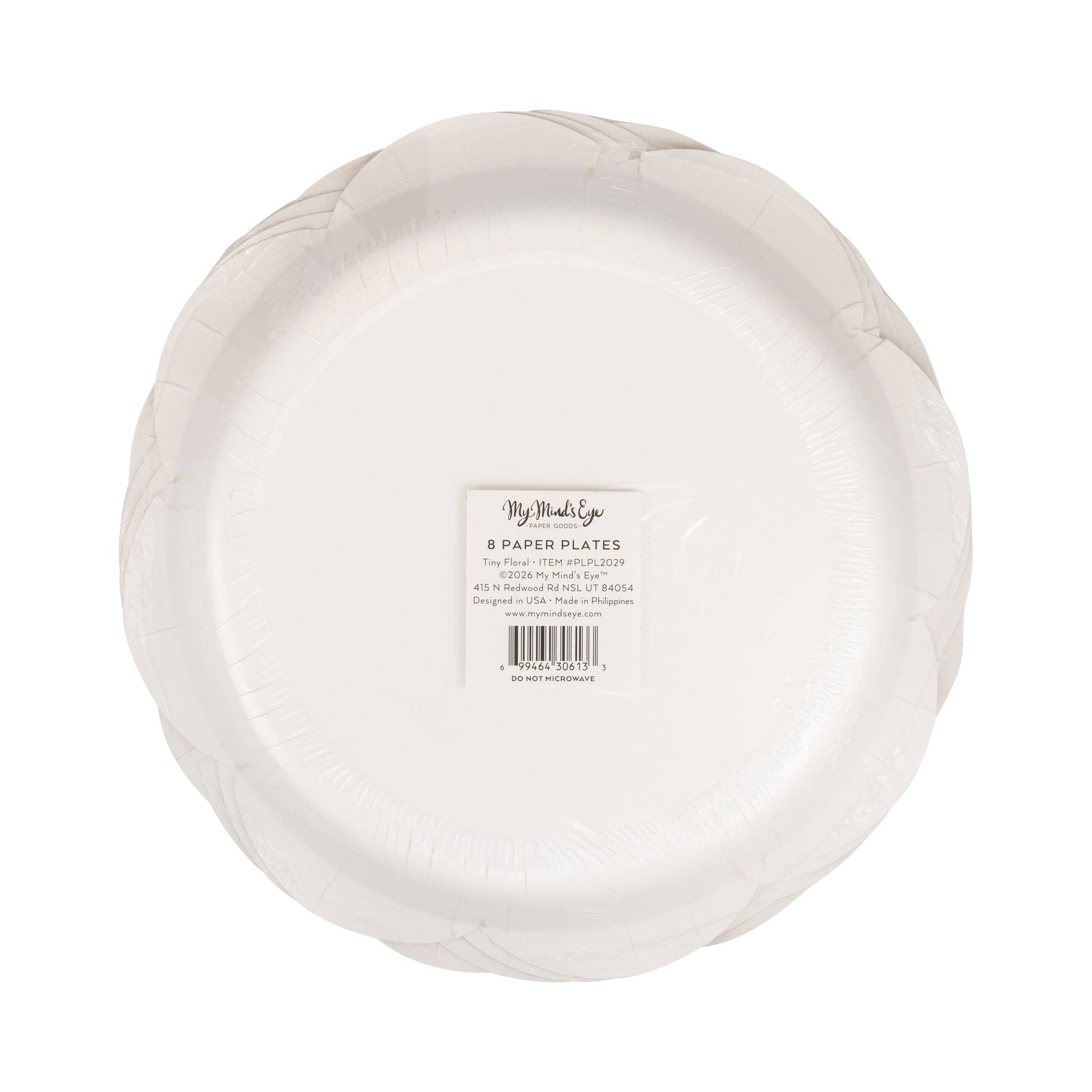 The back of the My Mind's Eye 8-pack scalloped paper plates packaging, part of the Grandmillennial Easter collection.