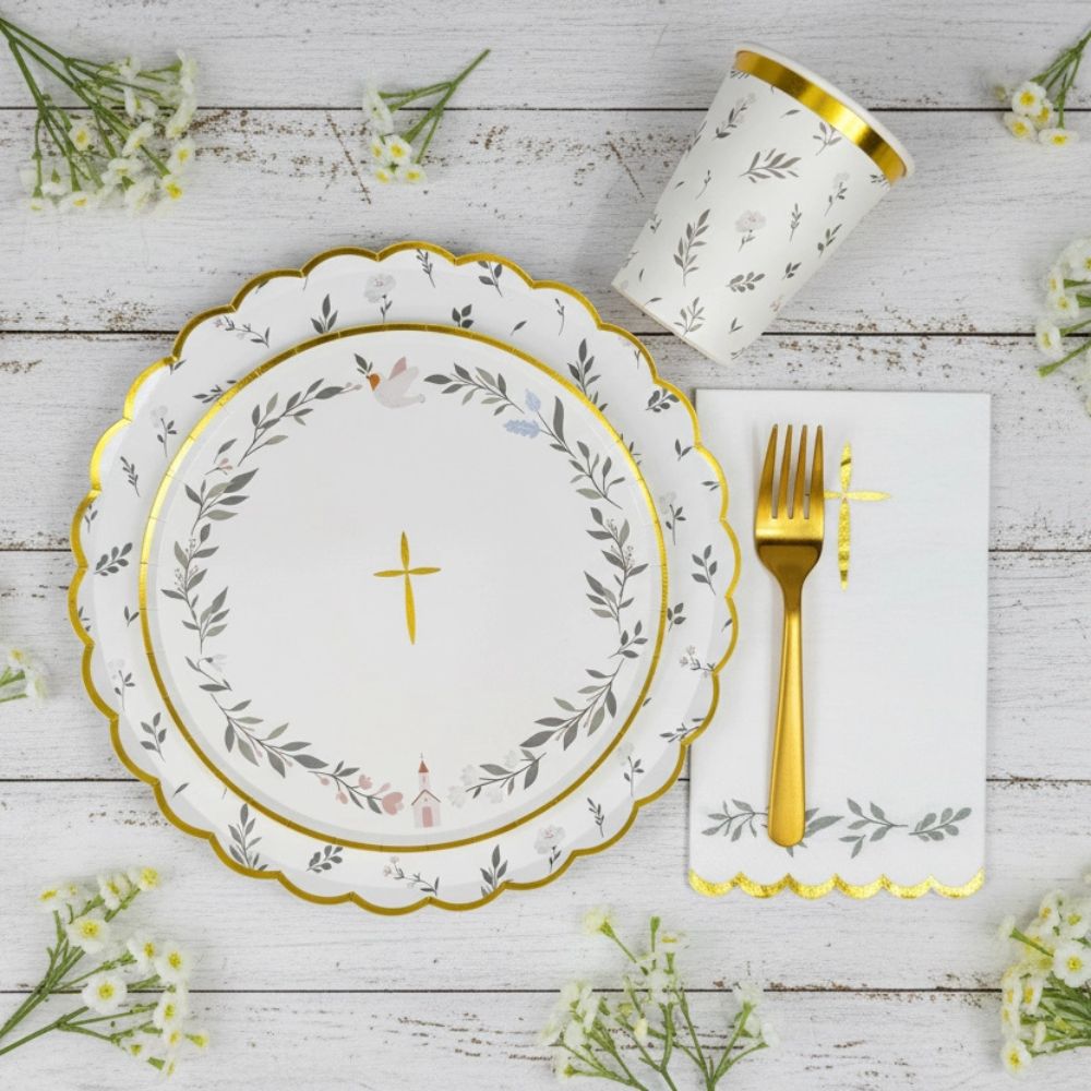 eucalyptus napkin styled with plate and gold fork
