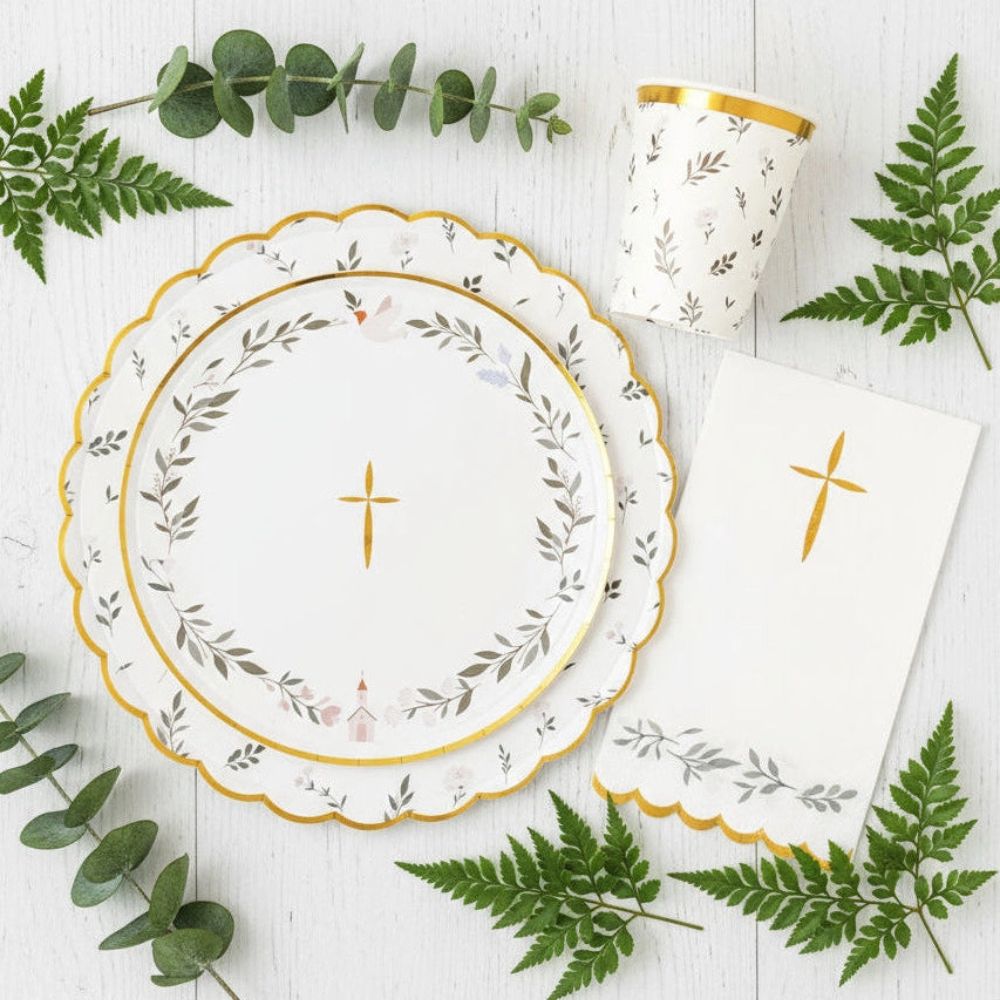 eucalyptus party plates with matching napkins and cups

