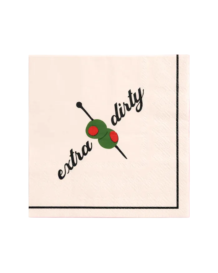 Single extra dirty martini paper napkin showing olive pick design and pinstripe border on a pink background
