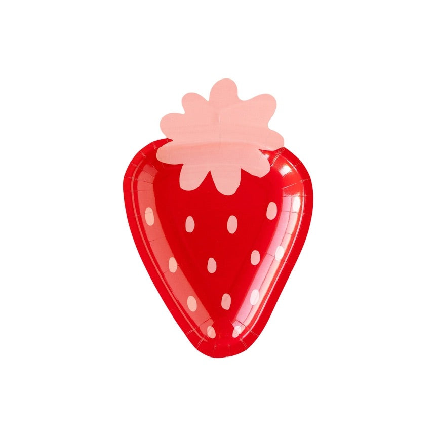 Close-up of one cute, strawberry-shaped paper plate, bright red with soft pink details, perfect addition to a berry-themed celebration.