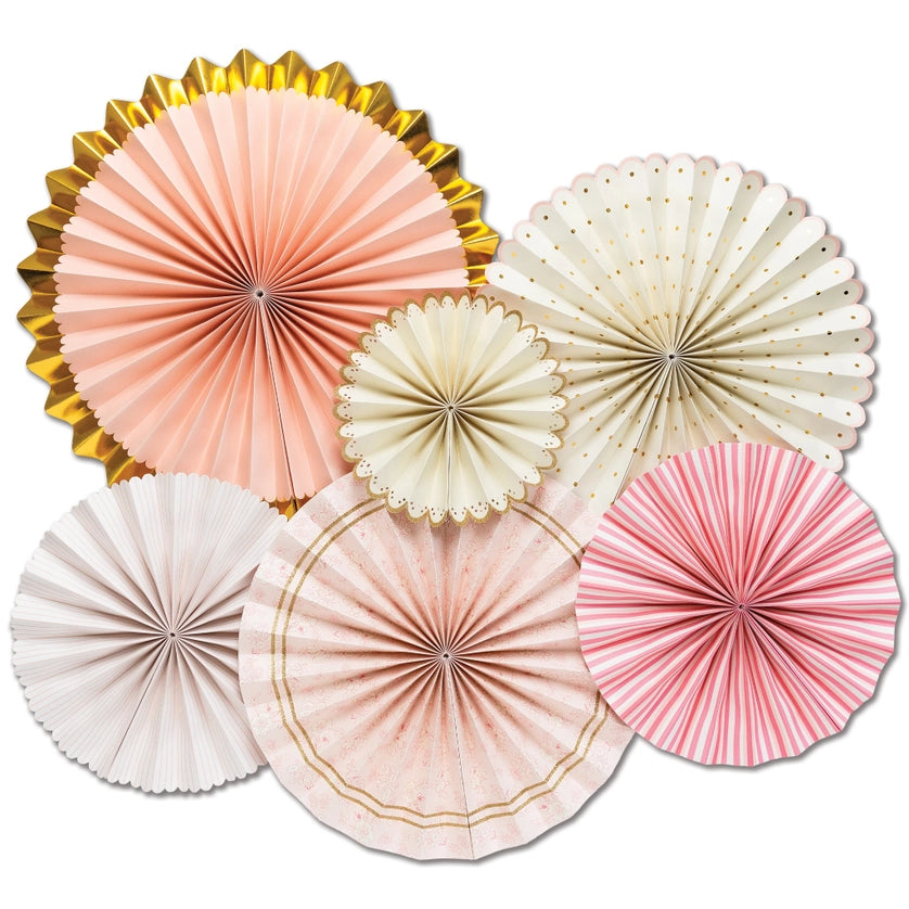 Assorted set of six assembled blush, cream, and gold paper rosette fans—ready-to-hang princess party decorations.