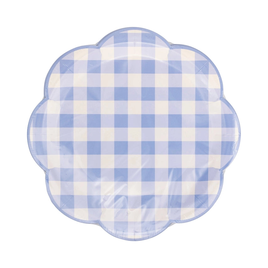 Blue gingham scalloped paper plate angled slightly to show gentle rim and petal shape, isolated on white.