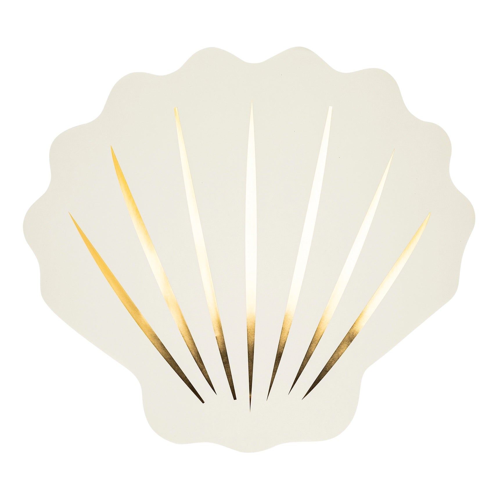 Individual seashell-shaped paper placemat with shiny gold foil accents, perfect for mermaid or ocean-themed celebrations.