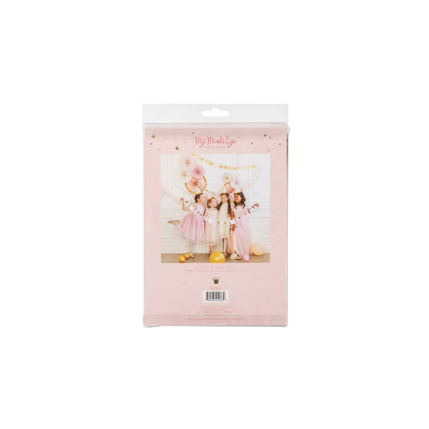 Back of “Princess Party Fans” retail package—sample décor photo of kids and product barcode visible.
