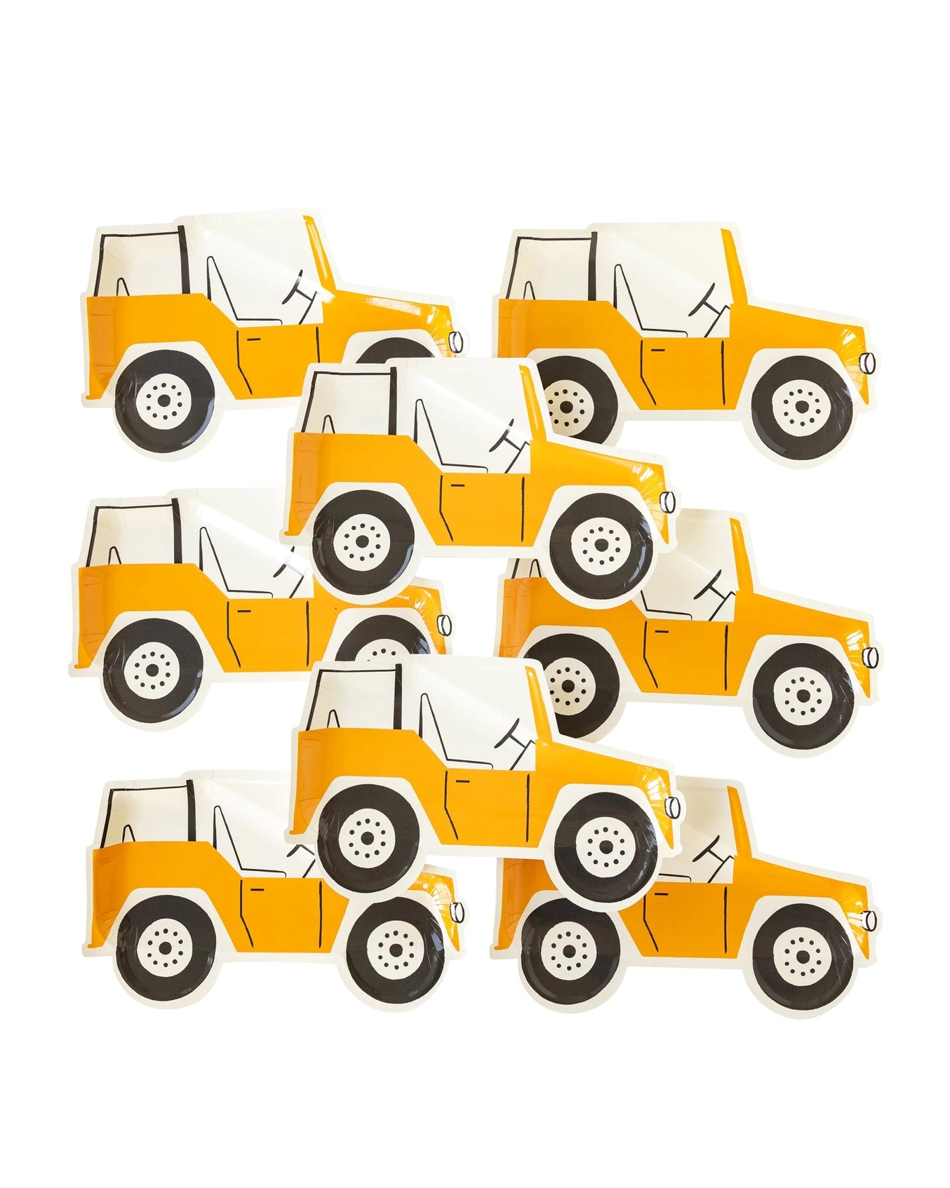 Yellow safari jeep-shaped paper plates, perfect for kids' birthday parties and safari-themed celebrations.