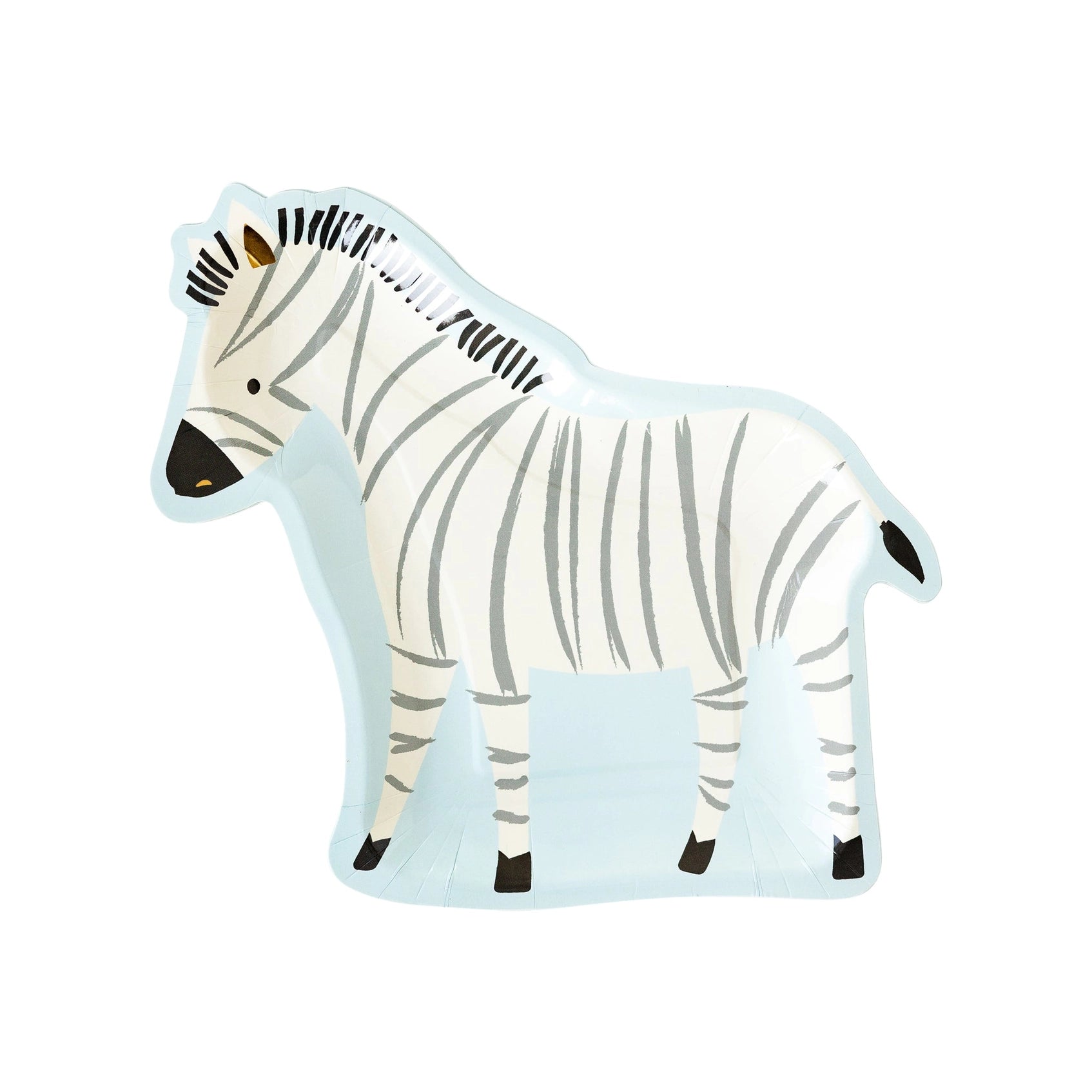Close-up of a charming zebra-shaped paper plate with detailed black-and-white stripes and soft blue outline, perfect for children's safari or zoo parties."