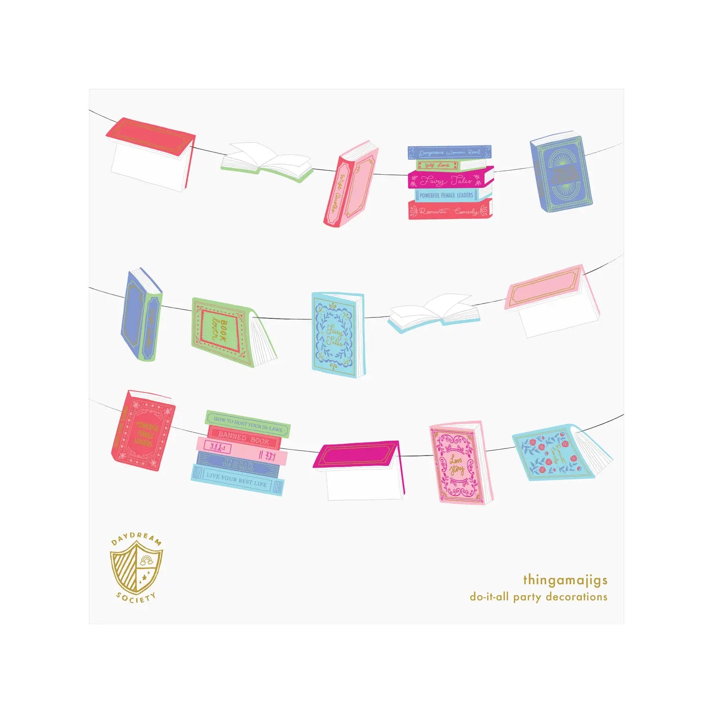 White background product sheet showing die-cut pastel book covers and stacks strung on twine, ready for garland assembly.
