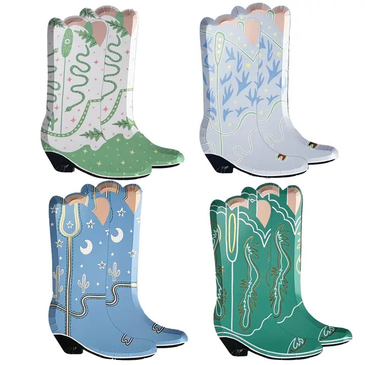 Clean white collage showing all four boot plate designs—green rattlesnake, dusty blue tumbleweed, starry‑sky blue, and deep green roping pattern.