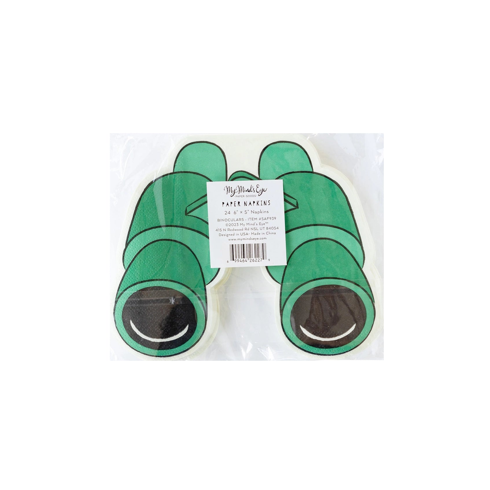 Reverse side of binocular-shaped paper napkin package showing full design clearly.