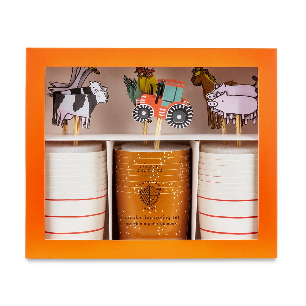 Front view of packaged farm cupcake decorating set—24 cups and 24 toppers displayed behind clear window.