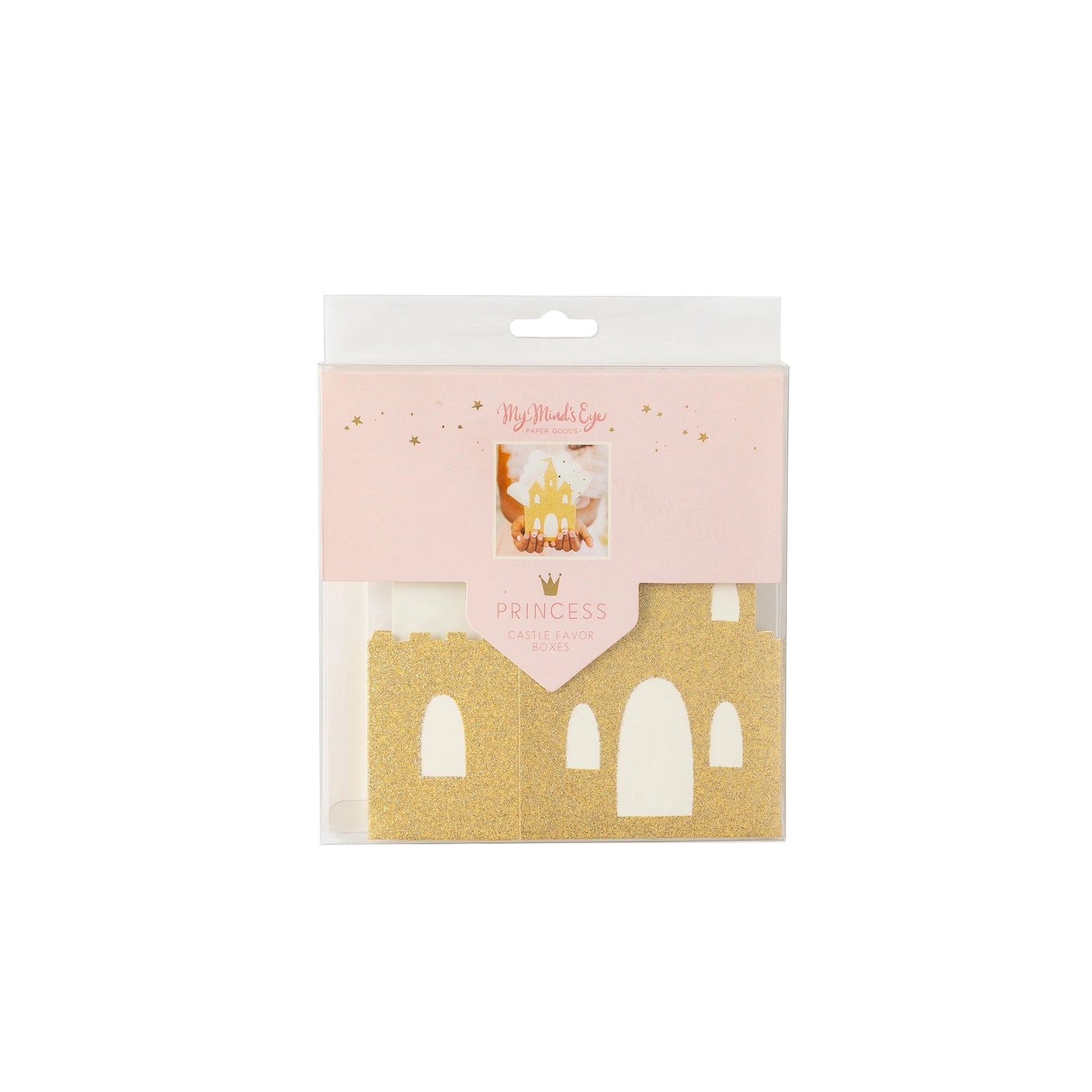 Front of packaged “Princess Castle Favor Boxes” set—two glitter panels visible through clear window.