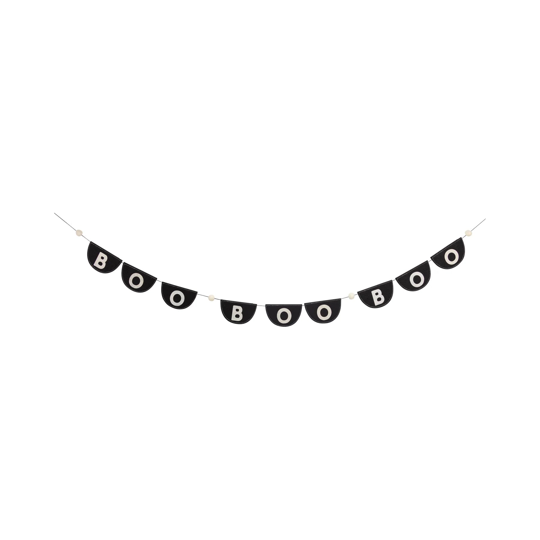Isolated product image showing the six-foot “BOO” Halloween banner included in the party-in-a-box kit; nine half-moon black felt pennants stitched in white spell BOO BOO BOO across the garland, separated by plush cream pom-poms, with thin hanging twine visible at each end—demonstrates length, high-contrast lettering, reusable stitched quality and how the banner coordinates with the ghost plates, napkins and scatter plates in the discounted kit