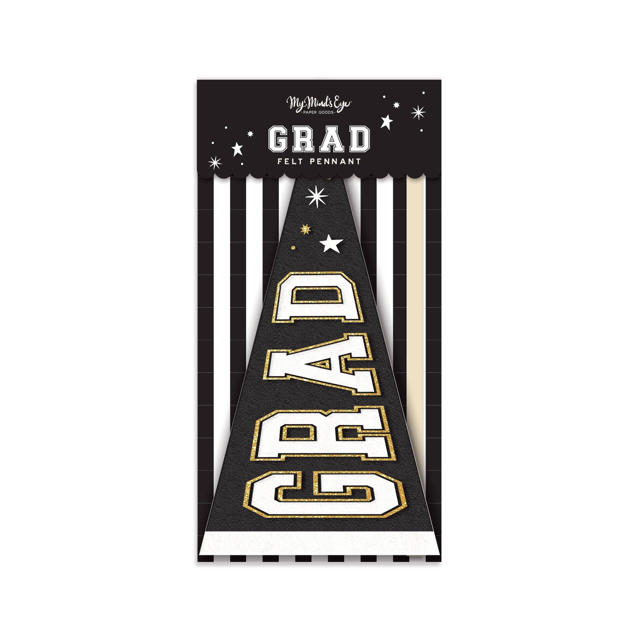 Packaging for a felt graduation pennant with a 14" wooden dowel and gold glitter fabric accents.